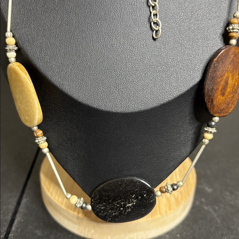 Vintage Brass & Bone Necklace Retro Tribal Bohocore Brown Brass Beaded - Picture 2 of 7